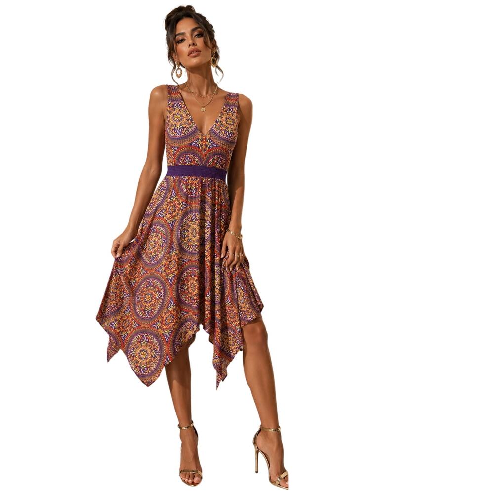 Route 66 Womens S 4-6 Paisley Handkerchief Hem Dress Purple Orange Boho Midi